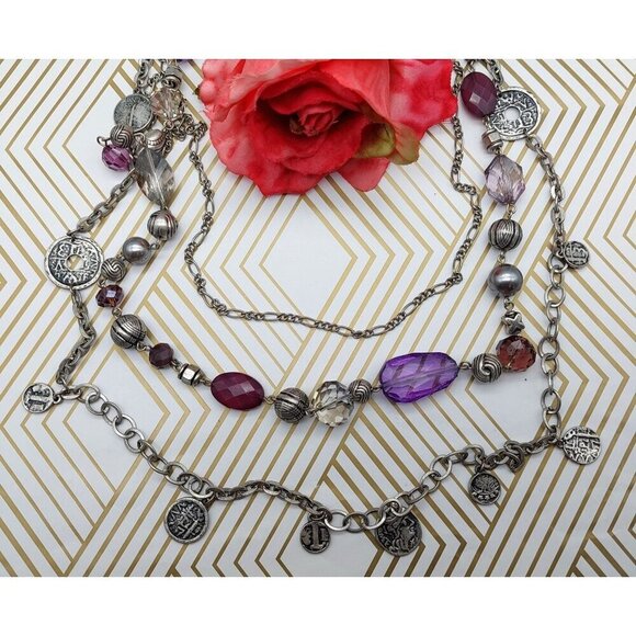 Premier Designs Silver Tone Purple Multi Strand Layered Chain Coin Necklace 32" - Picture 1 of 11